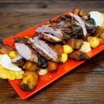 A plate of meat and potatoes on a wooden table.