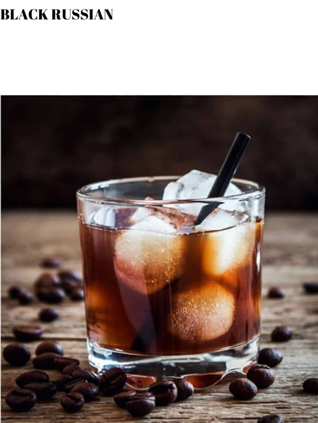 Black russian coffee with ice and coffee beans.